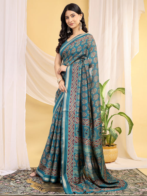 Chanderi Silk Artistic Motif Peacock Blue Saree