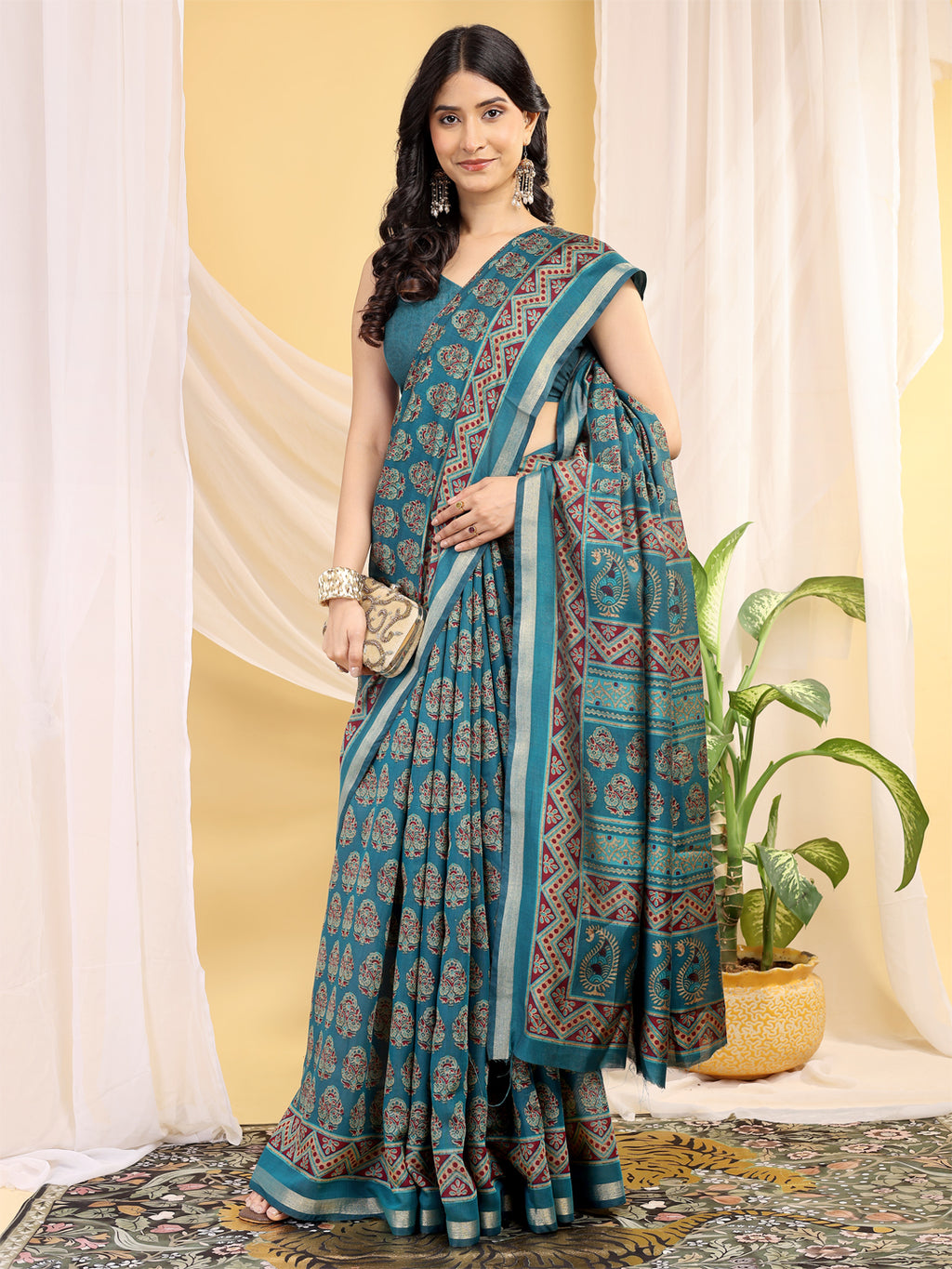 Chanderi Silk Artistic Motif Peacock Blue Saree
