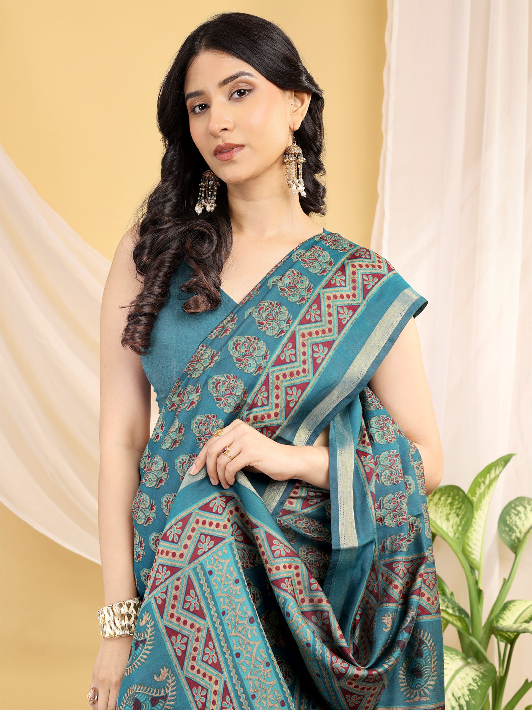 Chanderi Silk Artistic Motif Peacock Blue Saree