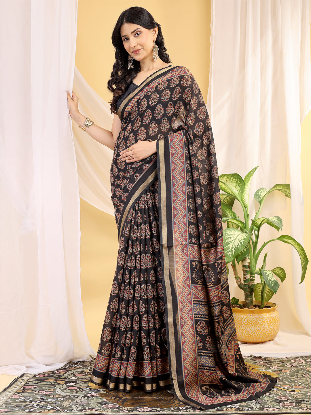 Chanderi Silk Artistic Motif Coffee Black Saree