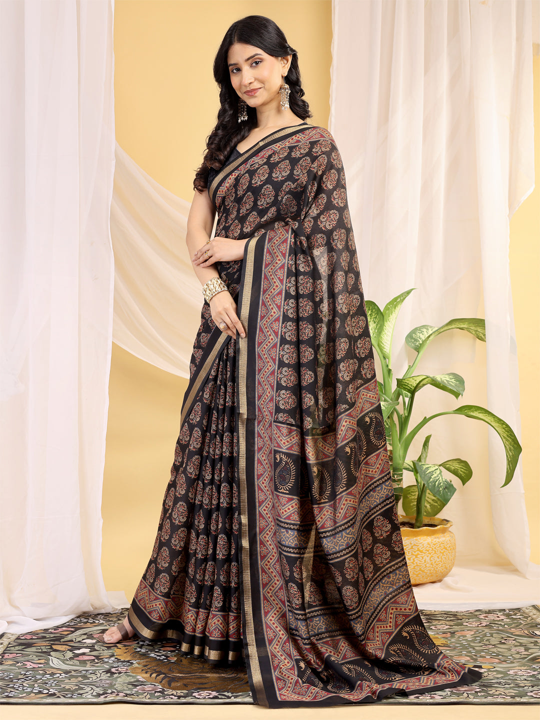 Chanderi Silk Artistic Motif Coffee Black Saree