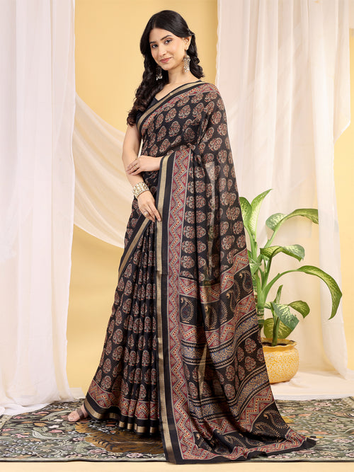 Chanderi Silk Artistic Motif Coffee Black Saree