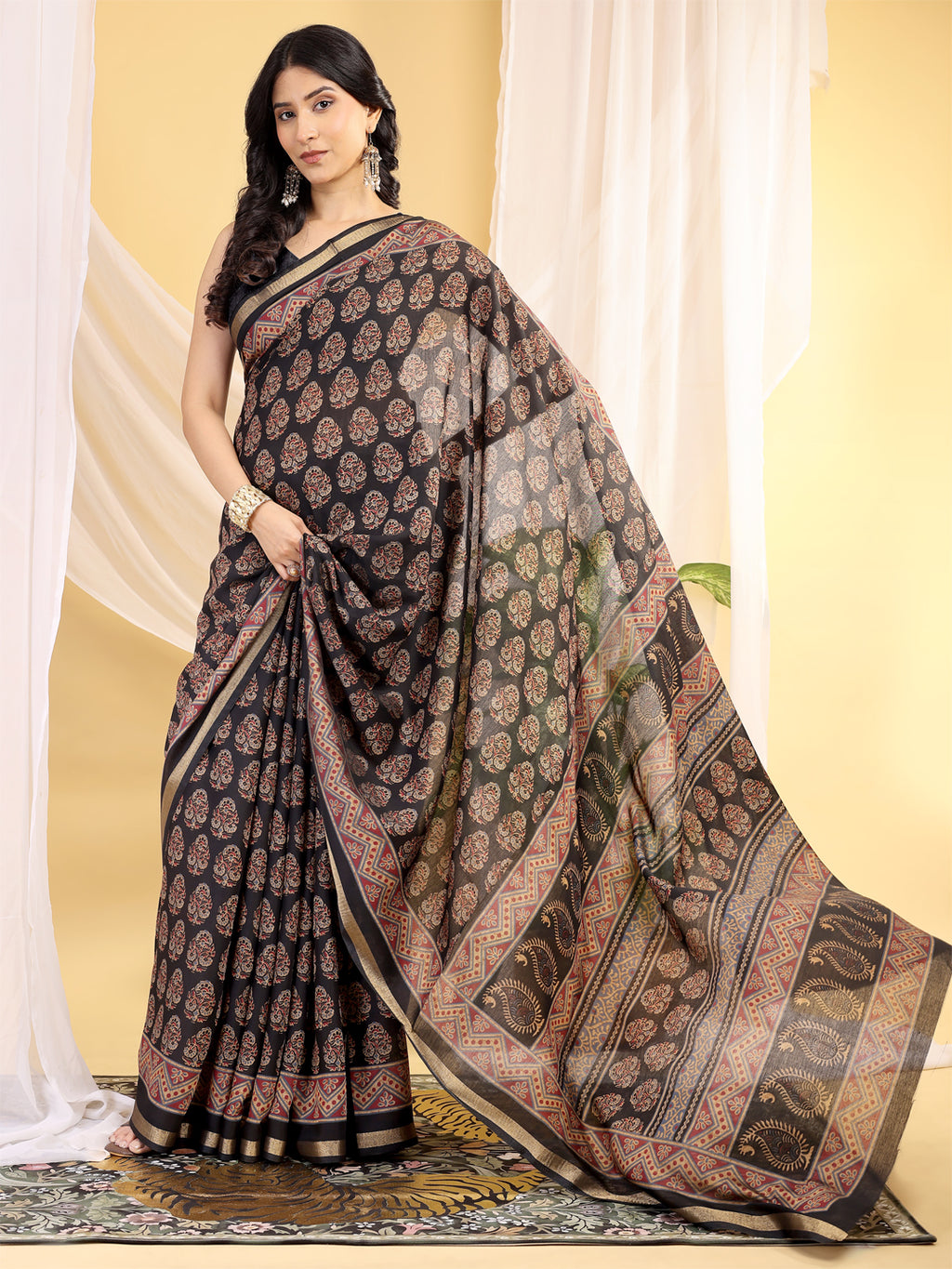 Chanderi Silk Artistic Motif Coffee Black Saree