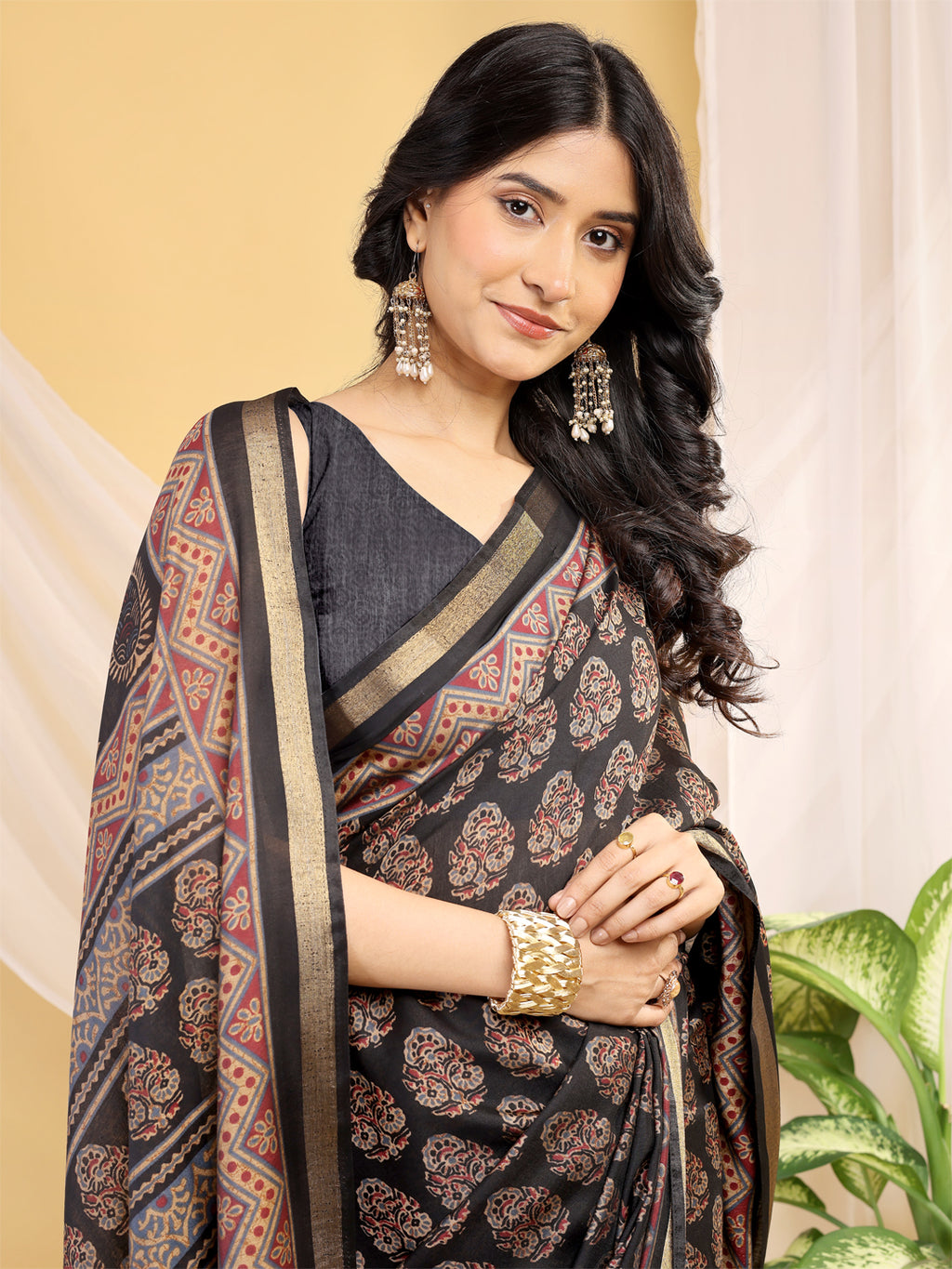 Chanderi Silk Artistic Motif Coffee Black Saree