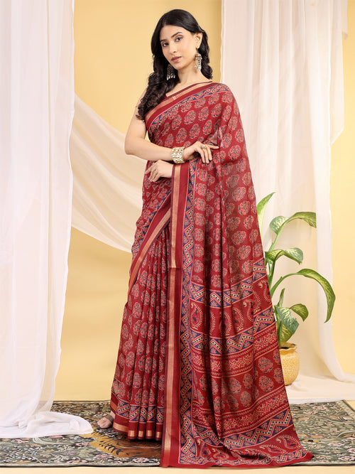 Chanderi Silk Artistic Motif Crimson Red Saree