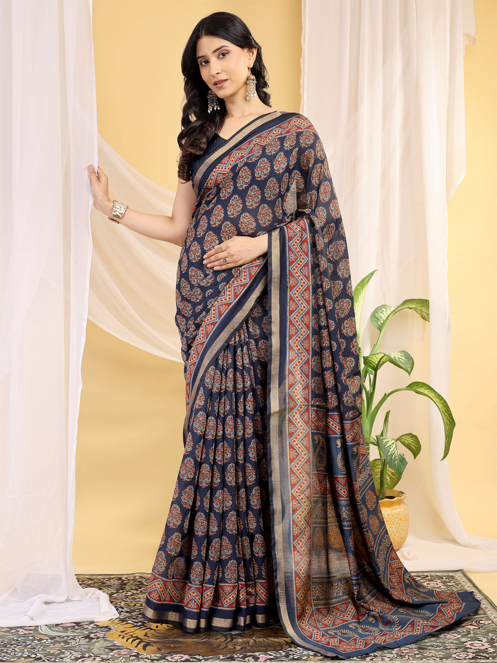 Chanderi Silk Artistic Motif Indigo Navy Saree