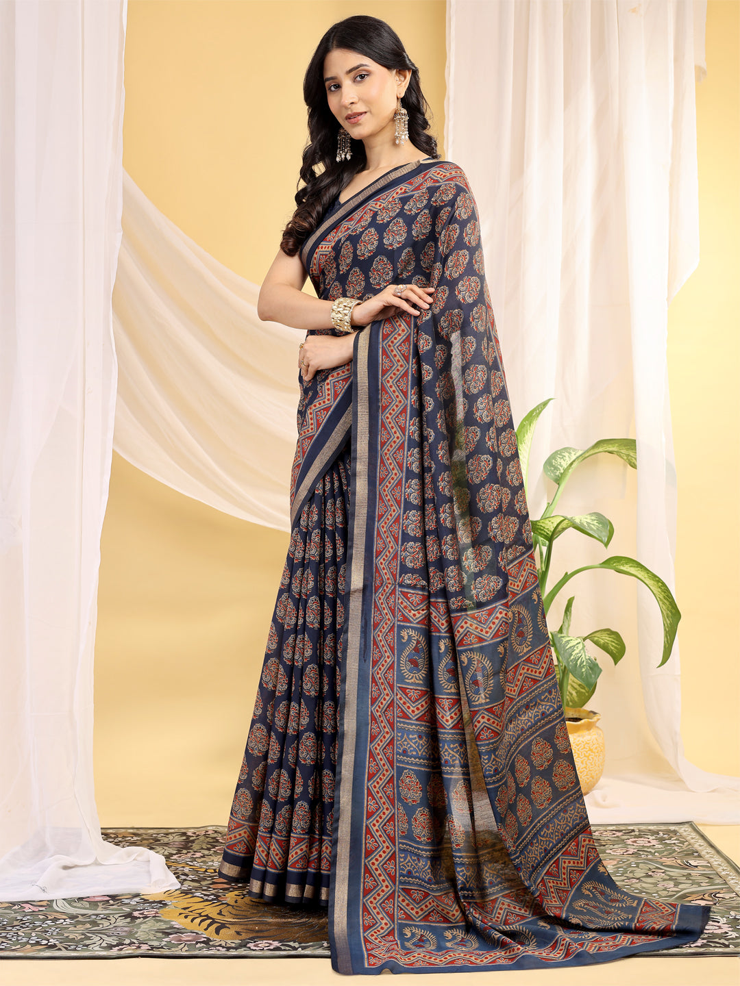 Chanderi Silk Artistic Motif Indigo Navy Saree