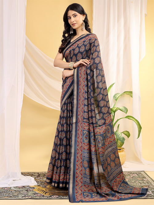 Chanderi Silk Artistic Motif Indigo Navy Saree