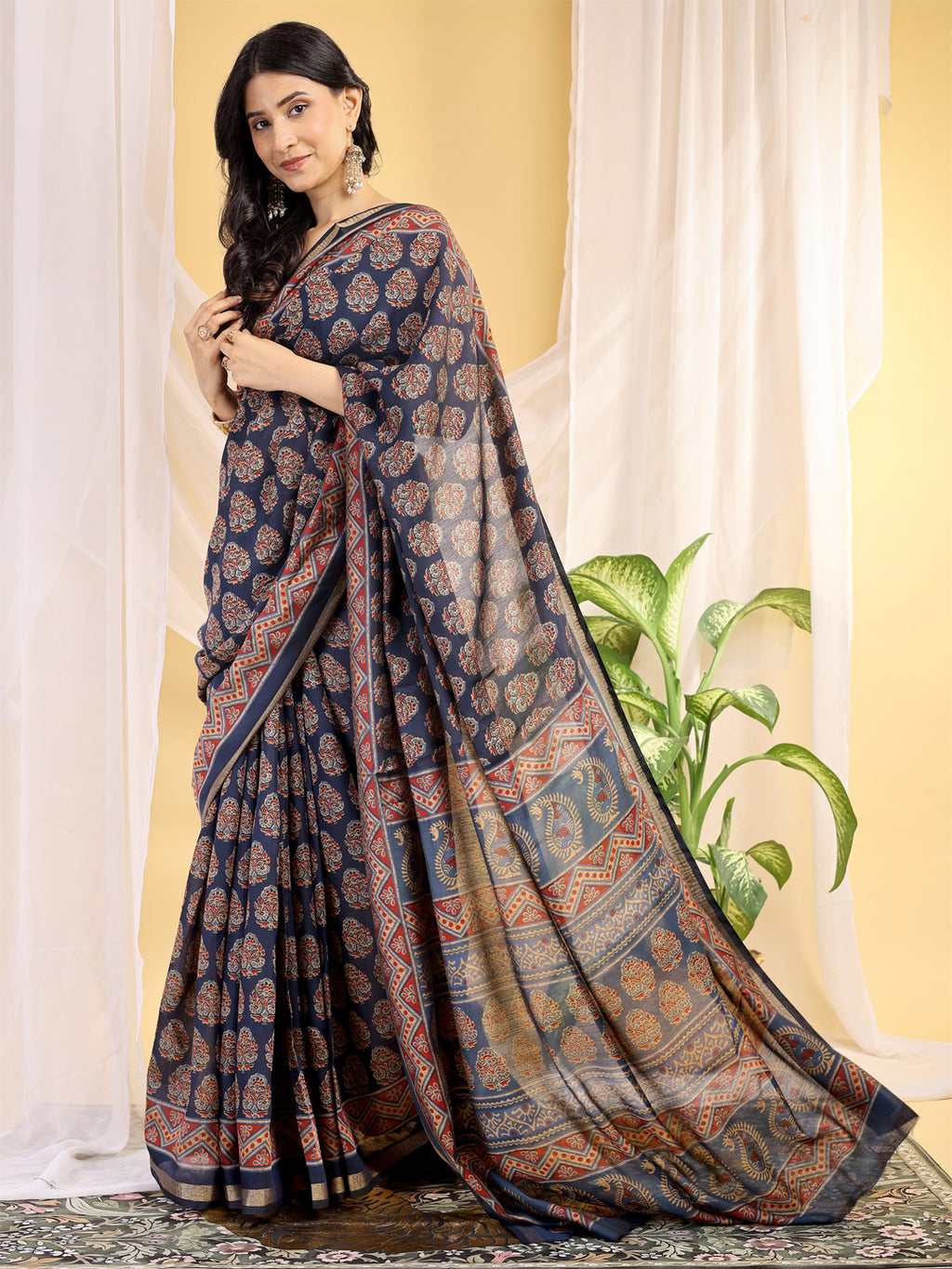 Chanderi Silk Artistic Motif Indigo Navy Saree