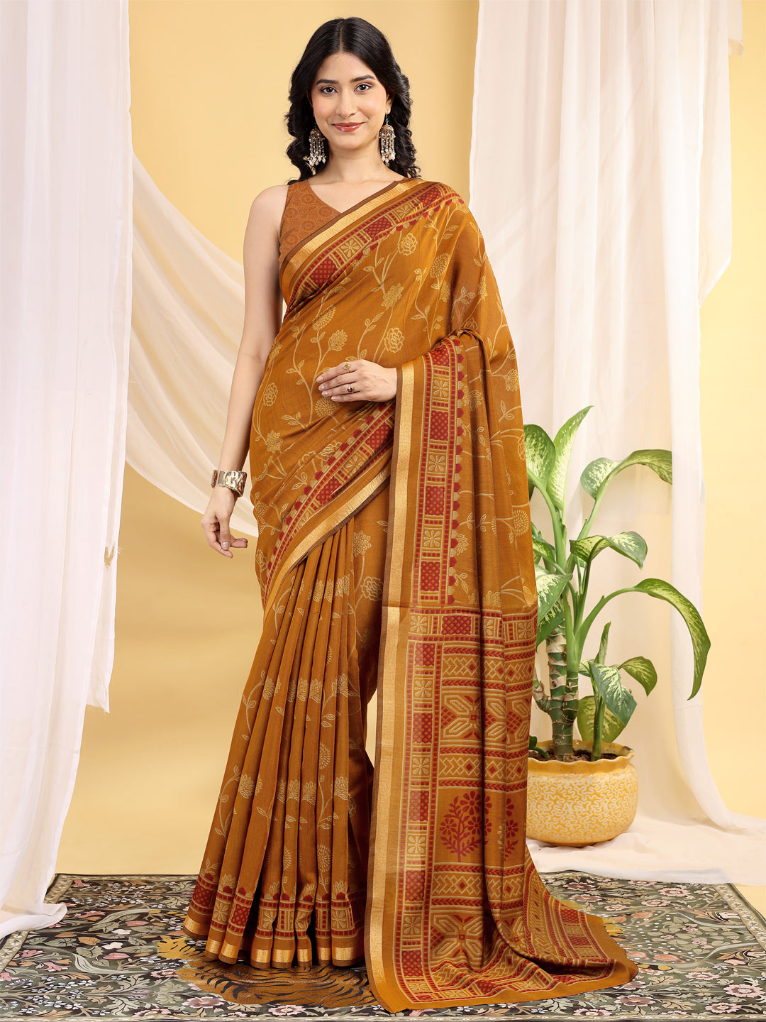 Chanderi Silk Ethnic Motif Mustard Gold Saree