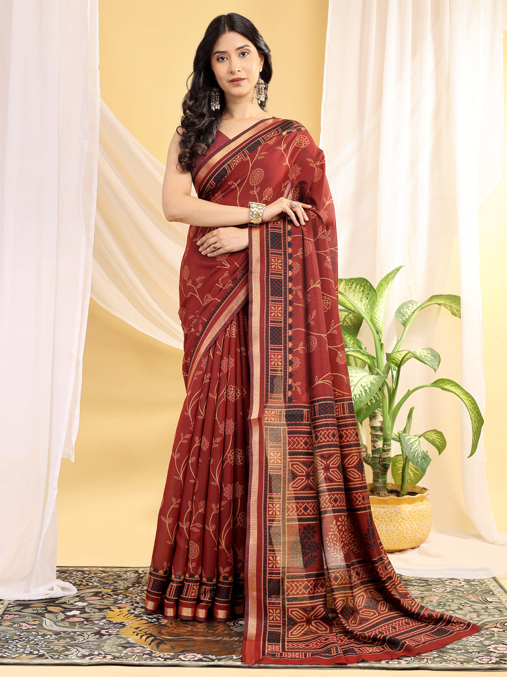 Chanderi Silk Ethnic Motif Maroon Red Saree