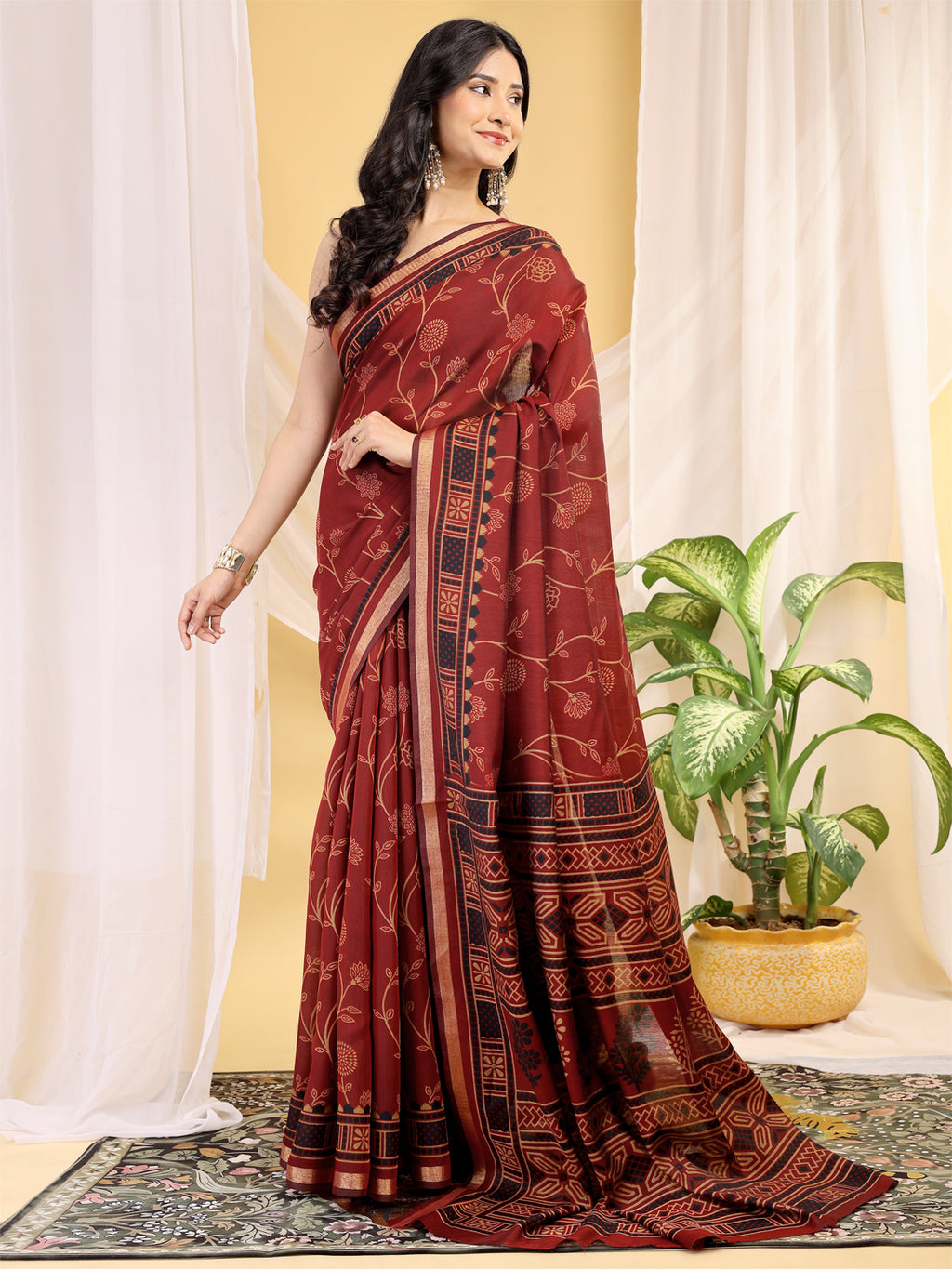Chanderi Silk Ethnic Motif Maroon Red Saree