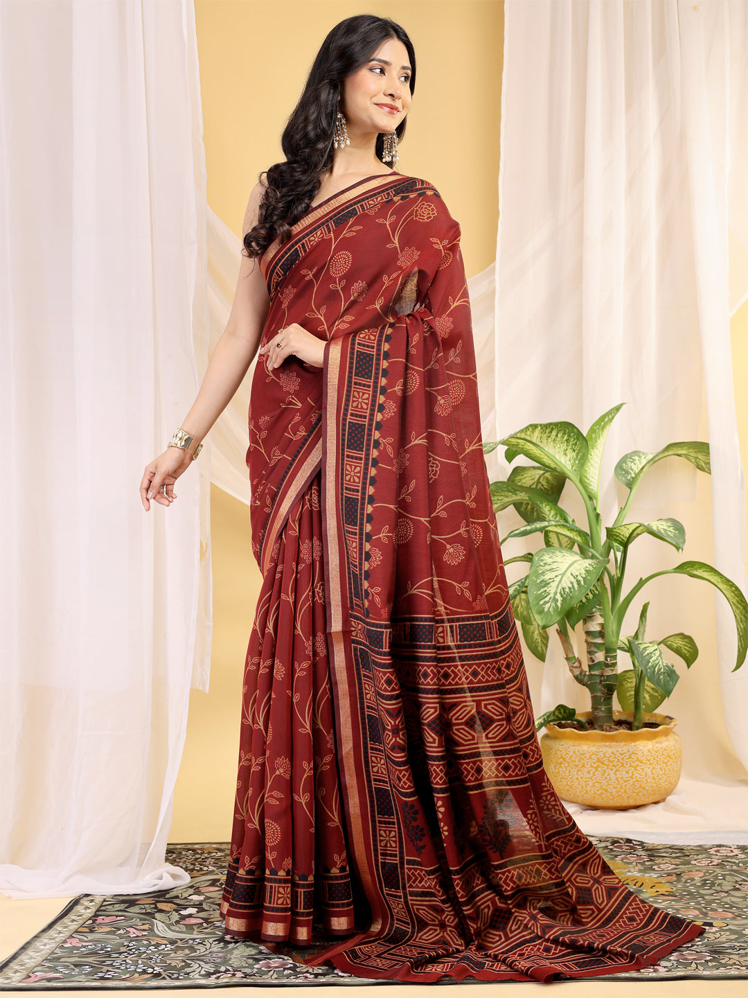 Chanderi Silk Ethnic Motif Maroon Red Saree