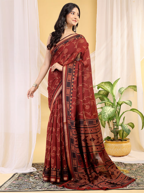 Chanderi Silk Ethnic Motif Maroon Red Saree