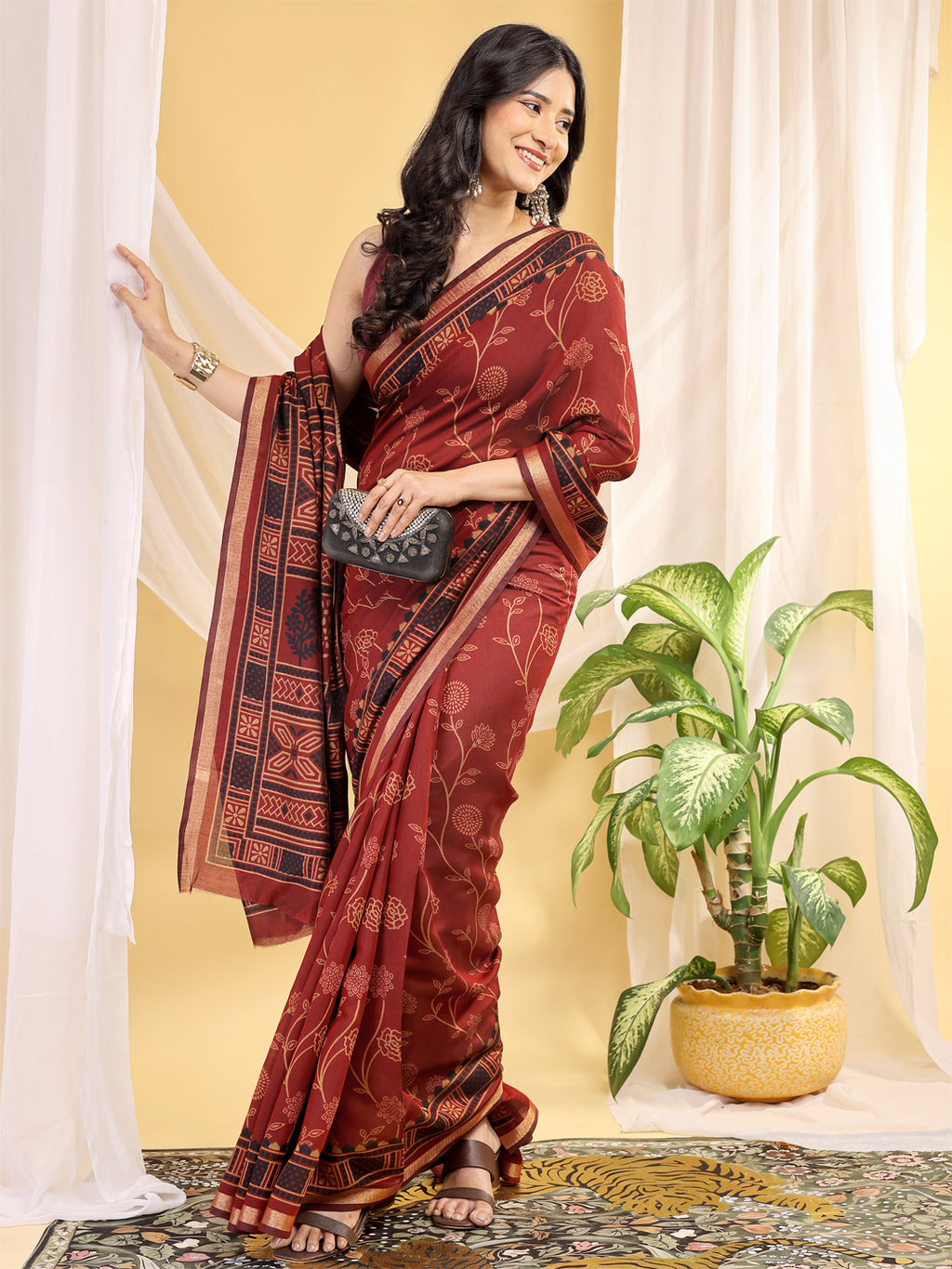 Chanderi Silk Ethnic Motif Maroon Red Saree