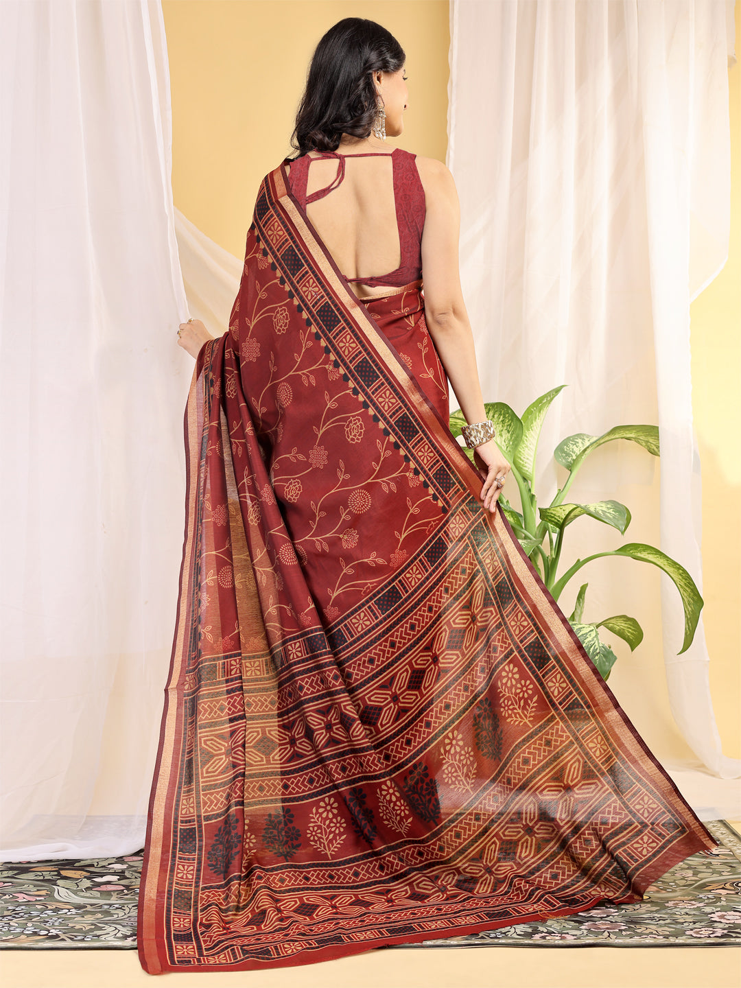 Chanderi Silk Ethnic Motif Maroon Red Saree