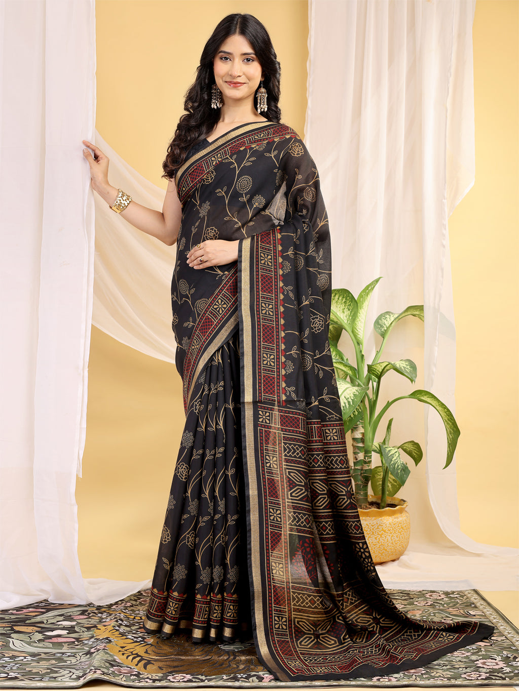 Chanderi Silk Ethnic Motif Navy Black Saree