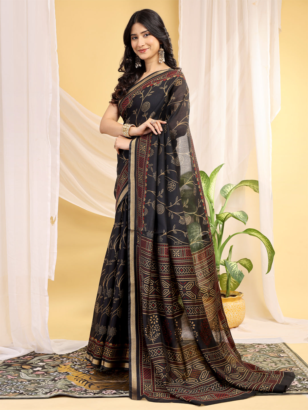 Chanderi Silk Ethnic Motif Navy Black Saree