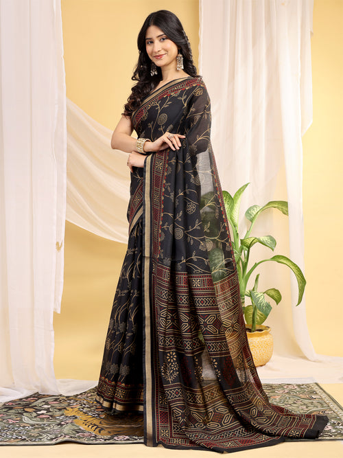 Chanderi Silk Ethnic Motif Navy Black Saree
