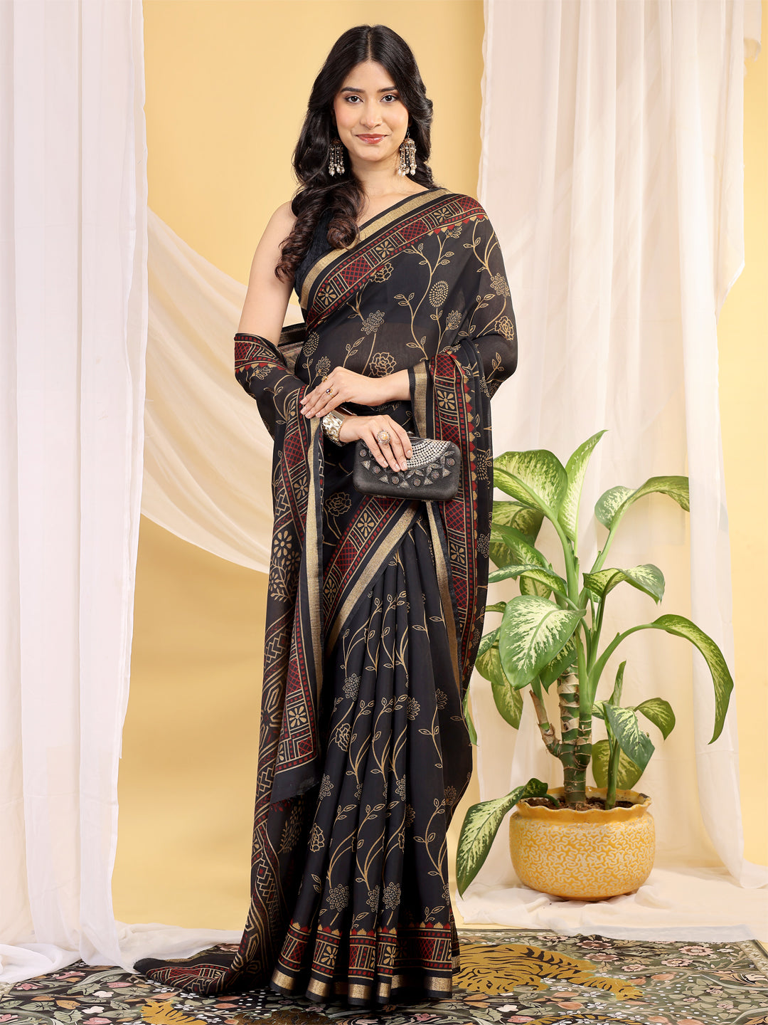Chanderi Silk Ethnic Motif Navy Black Saree
