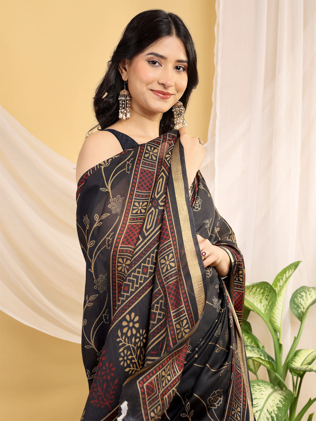 Chanderi Silk Ethnic Motif Navy Black Saree