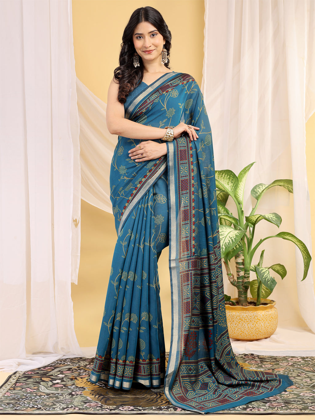 Chanderi Silk Ethnic Motif Peacock Teal Blue Saree