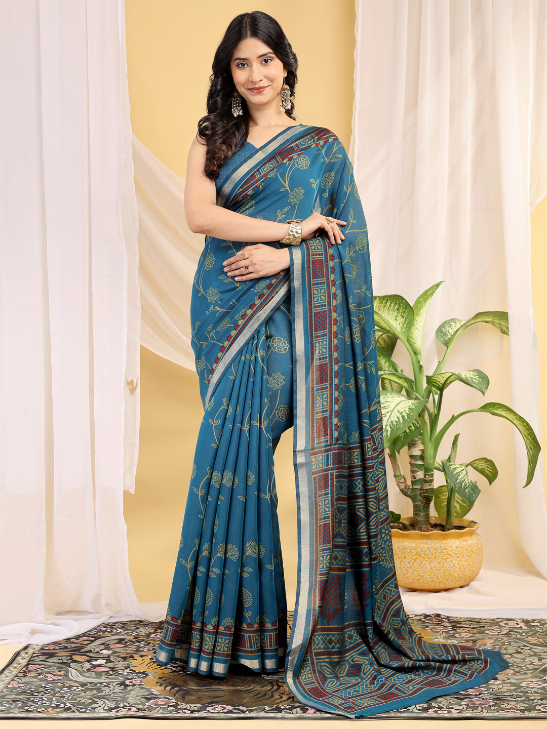 Chanderi Silk Ethnic Motif Peacock Teal Blue Saree