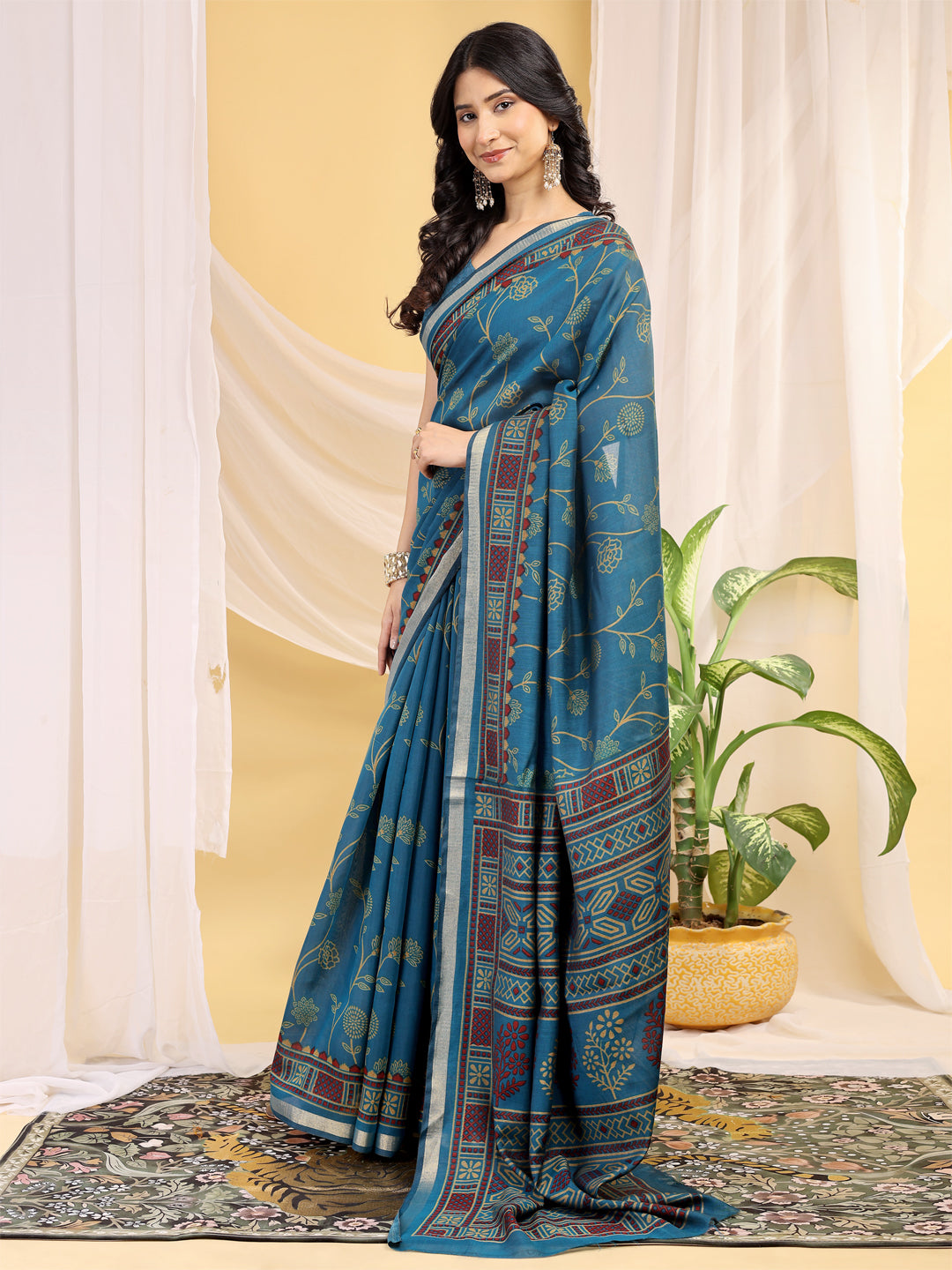 Chanderi Silk Ethnic Motif Peacock Teal Blue Saree