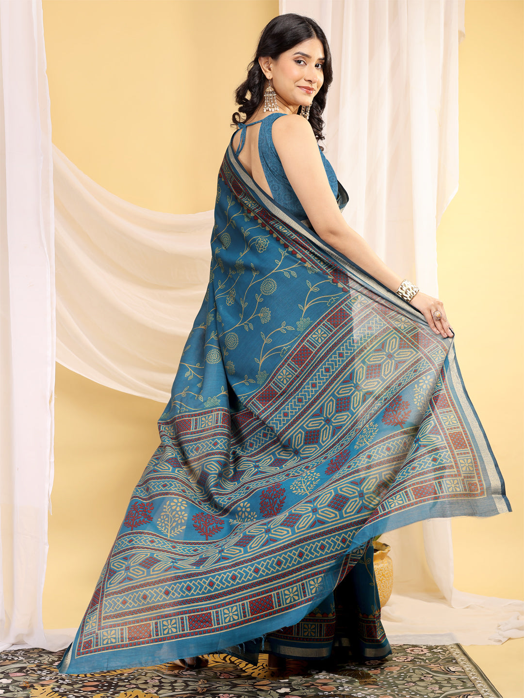 Chanderi Silk Ethnic Motif Peacock Teal Blue Saree