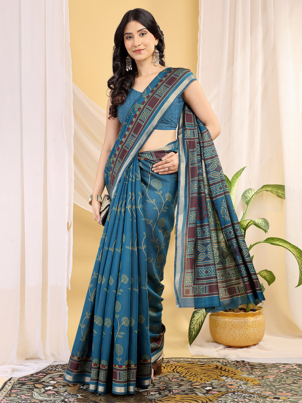 Chanderi Silk Ethnic Motif Peacock Teal Blue Saree