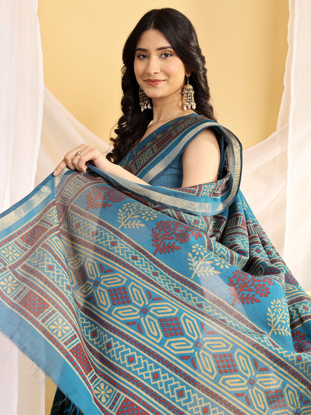 Chanderi Silk Ethnic Motif Peacock Teal Blue Saree