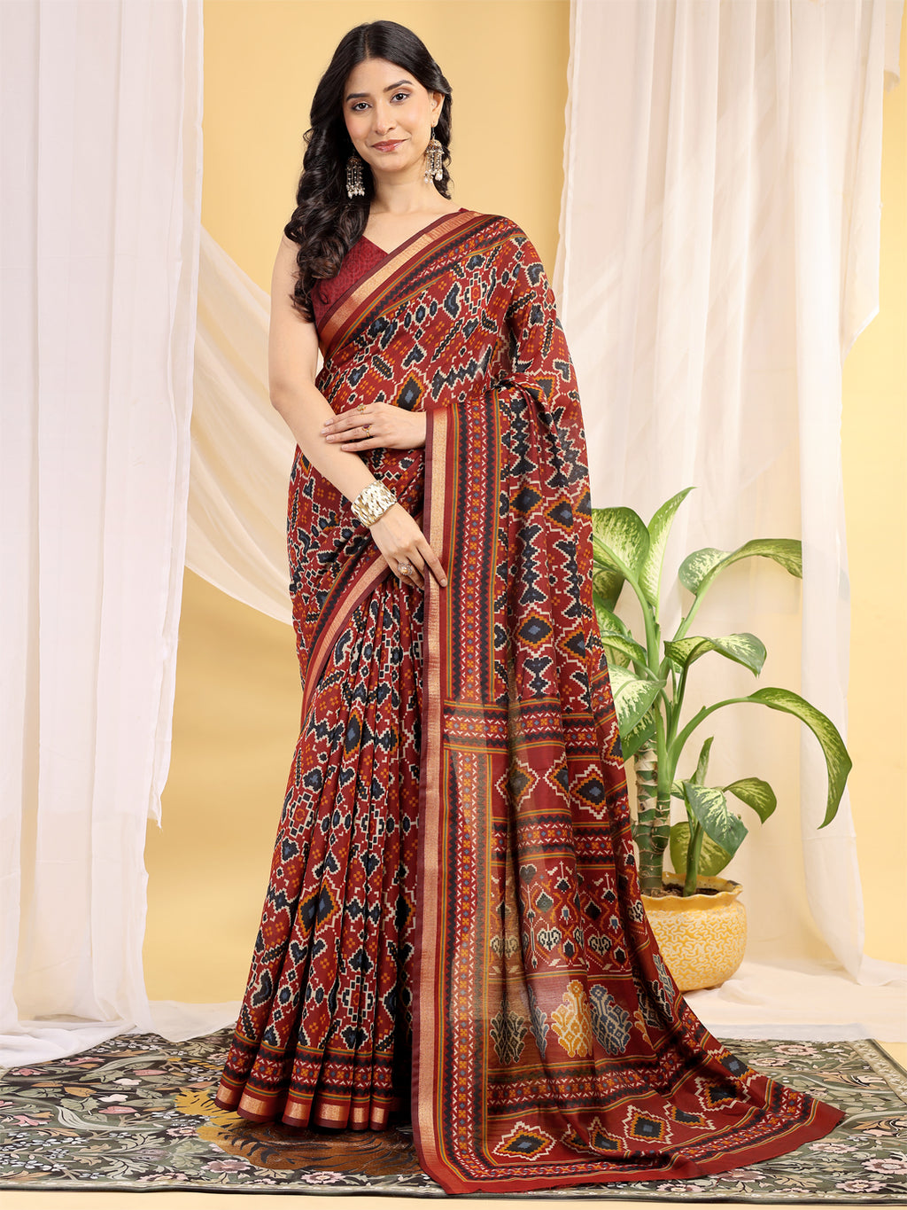 Chanderi Silk Ethnic Motif Rust Red Saree