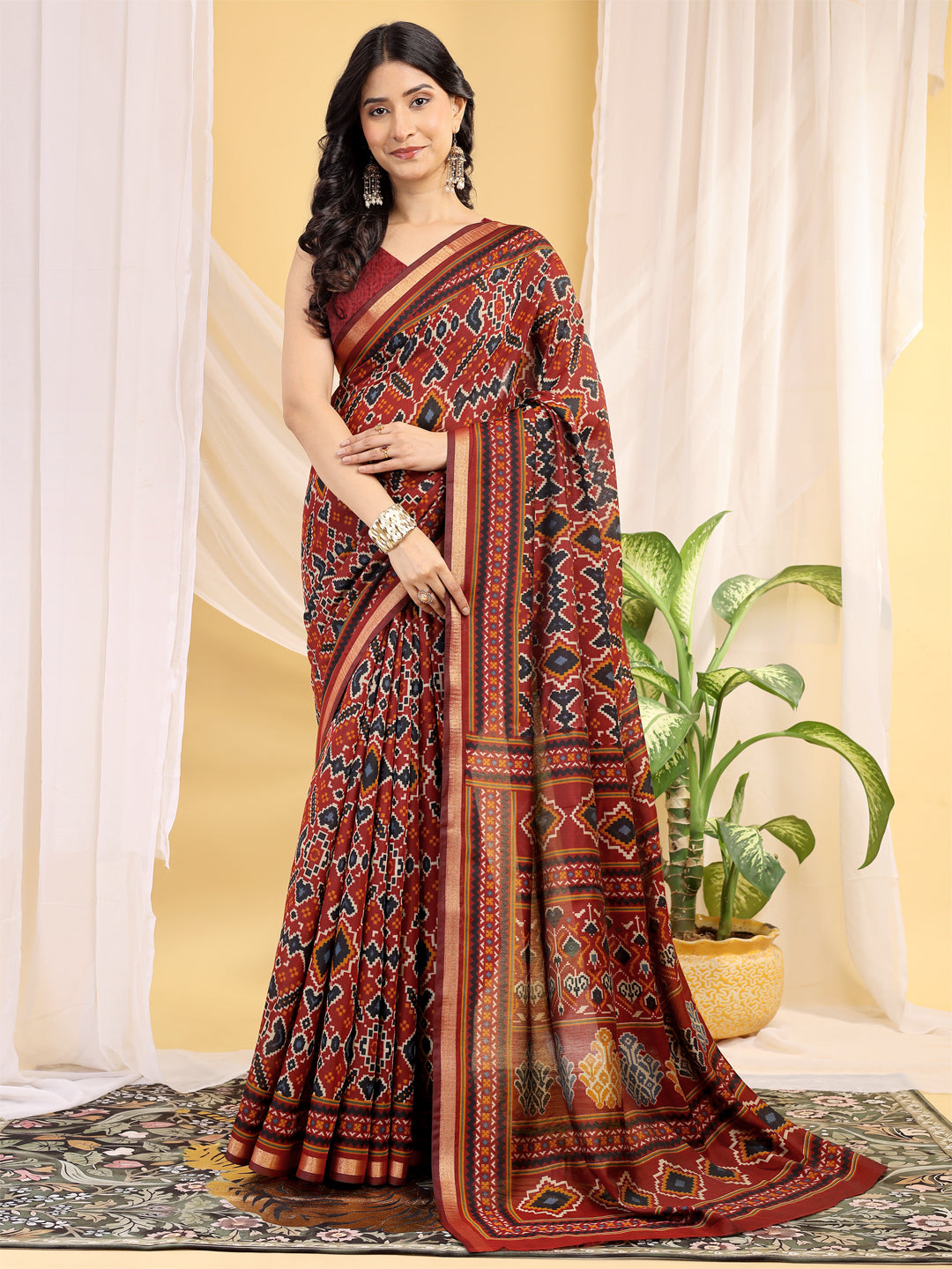 Chanderi Silk Ethnic Motif Rust Red Saree