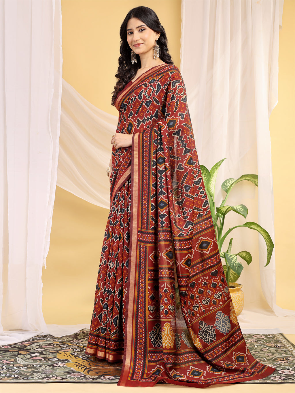 Chanderi Silk Ethnic Motif Rust Red Saree