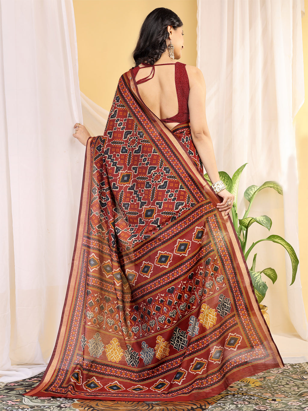 Chanderi Silk Ethnic Motif Rust Red Saree