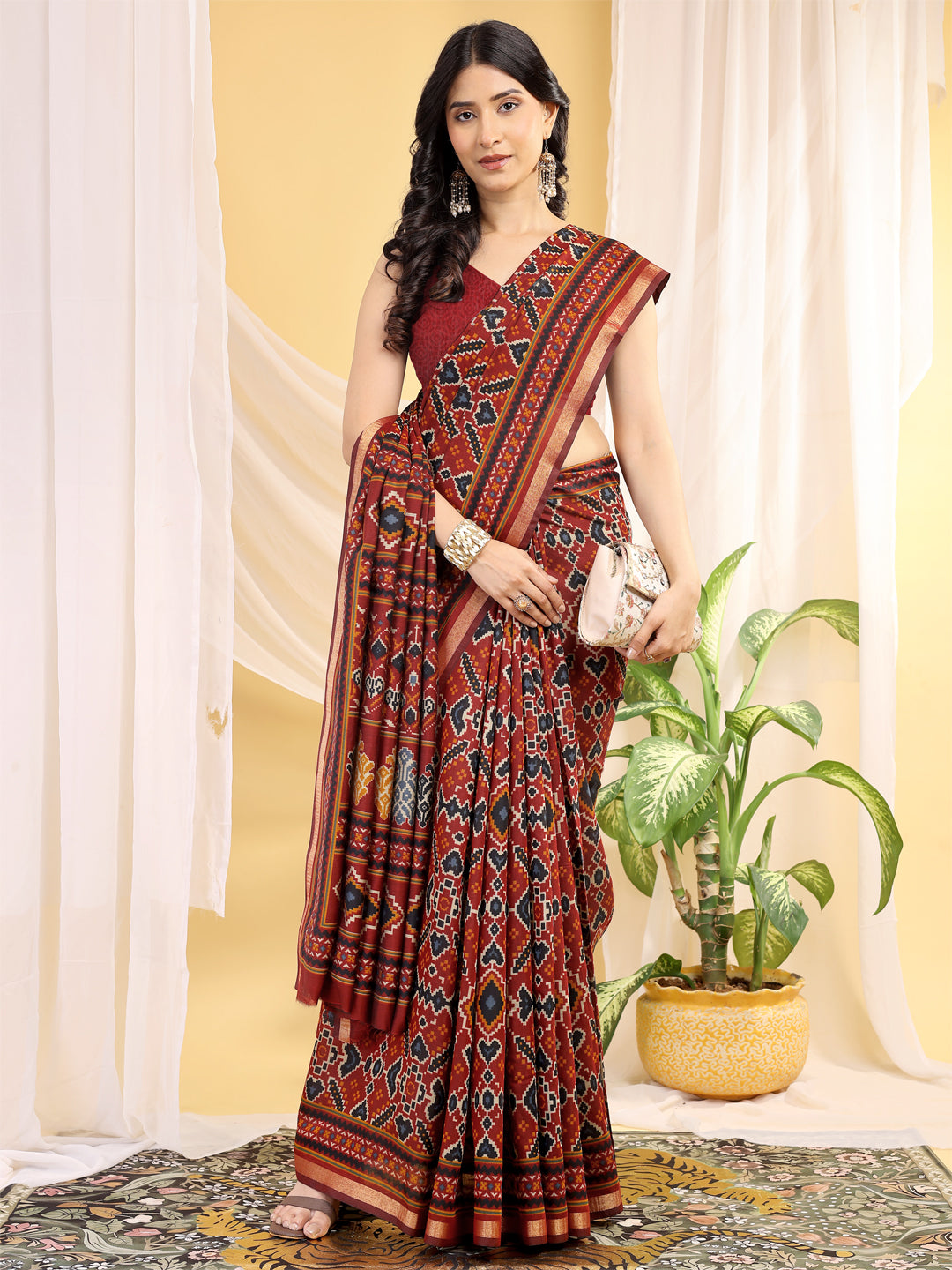Chanderi Silk Ethnic Motif Rust Red Saree