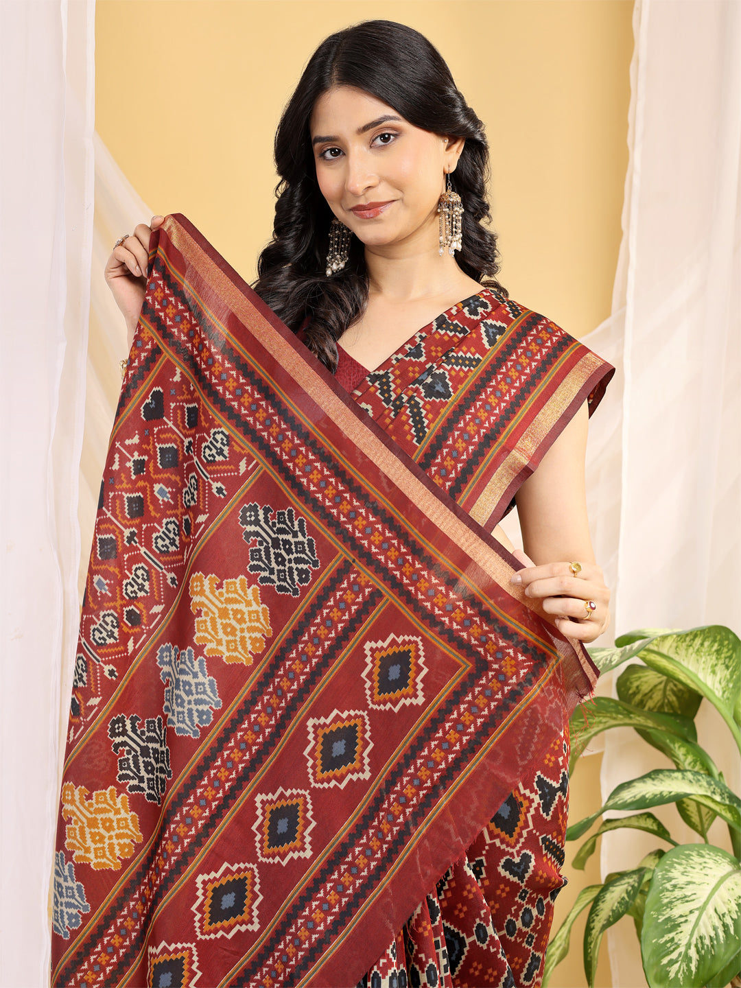 Chanderi Silk Ethnic Motif Rust Red Saree