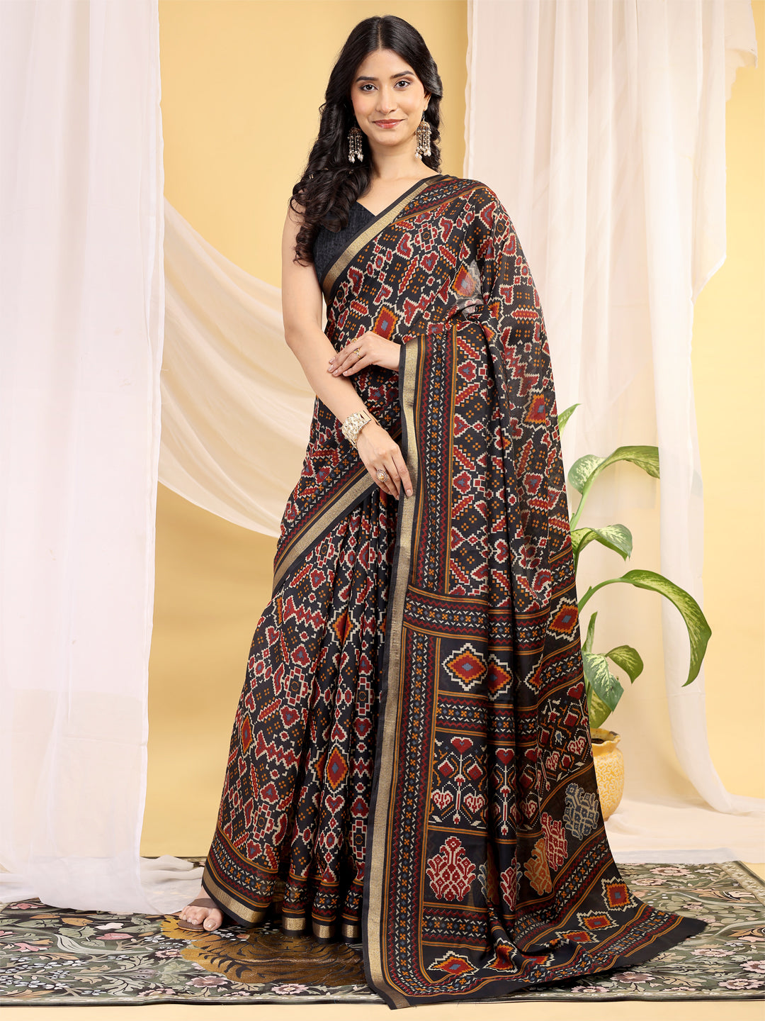 Chanderi Silk Ethnic Motif Olive Black Saree