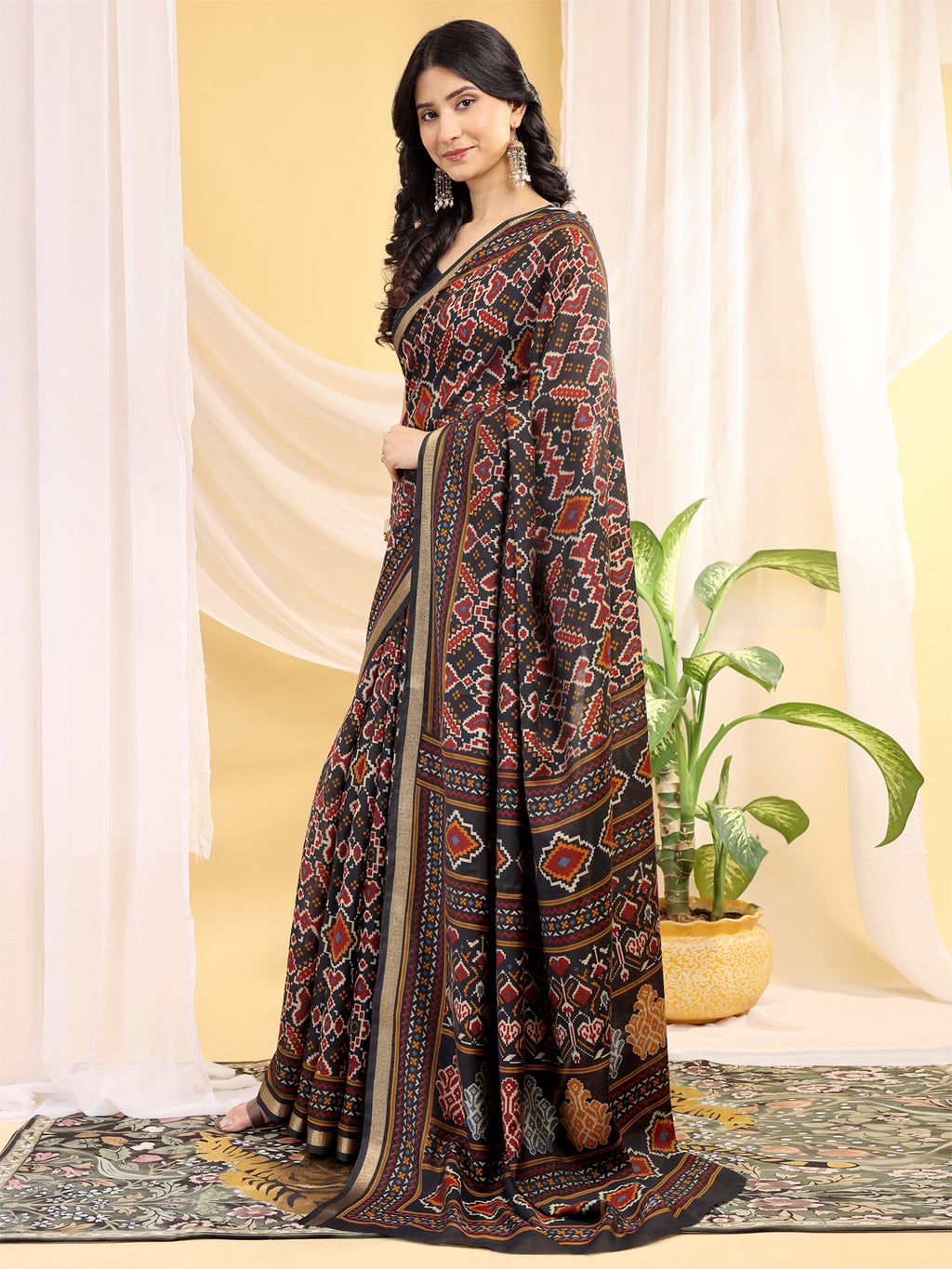 Chanderi Silk Ethnic Motif Olive Black Saree