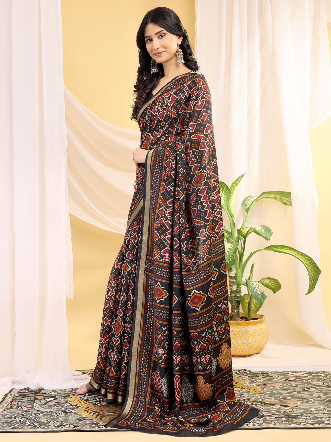 Chanderi Silk Ethnic Motif Olive Black Saree