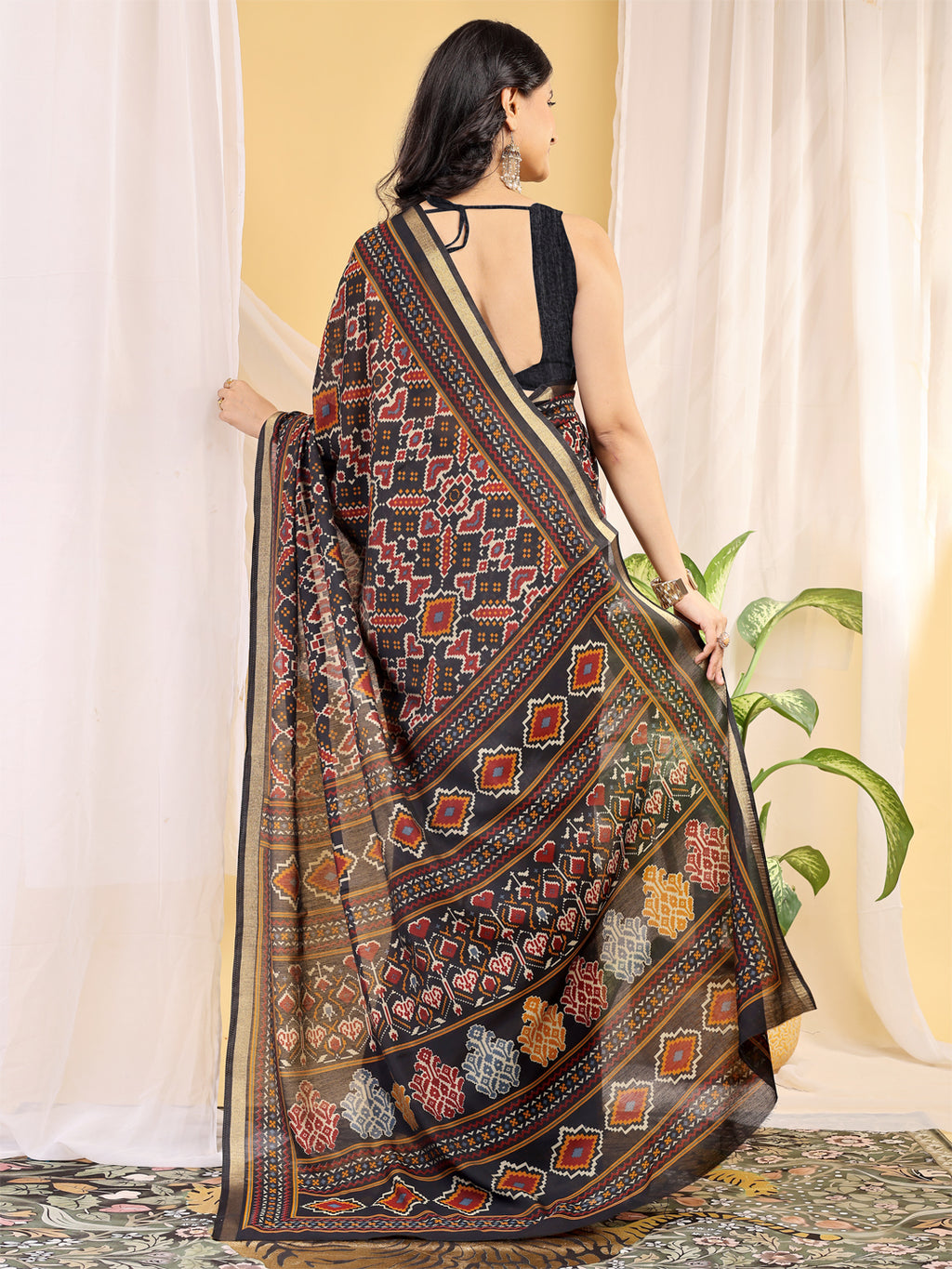 Chanderi Silk Ethnic Motif Olive Black Saree