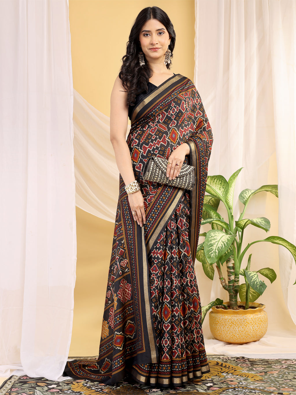Chanderi Silk Ethnic Motif Olive Black Saree