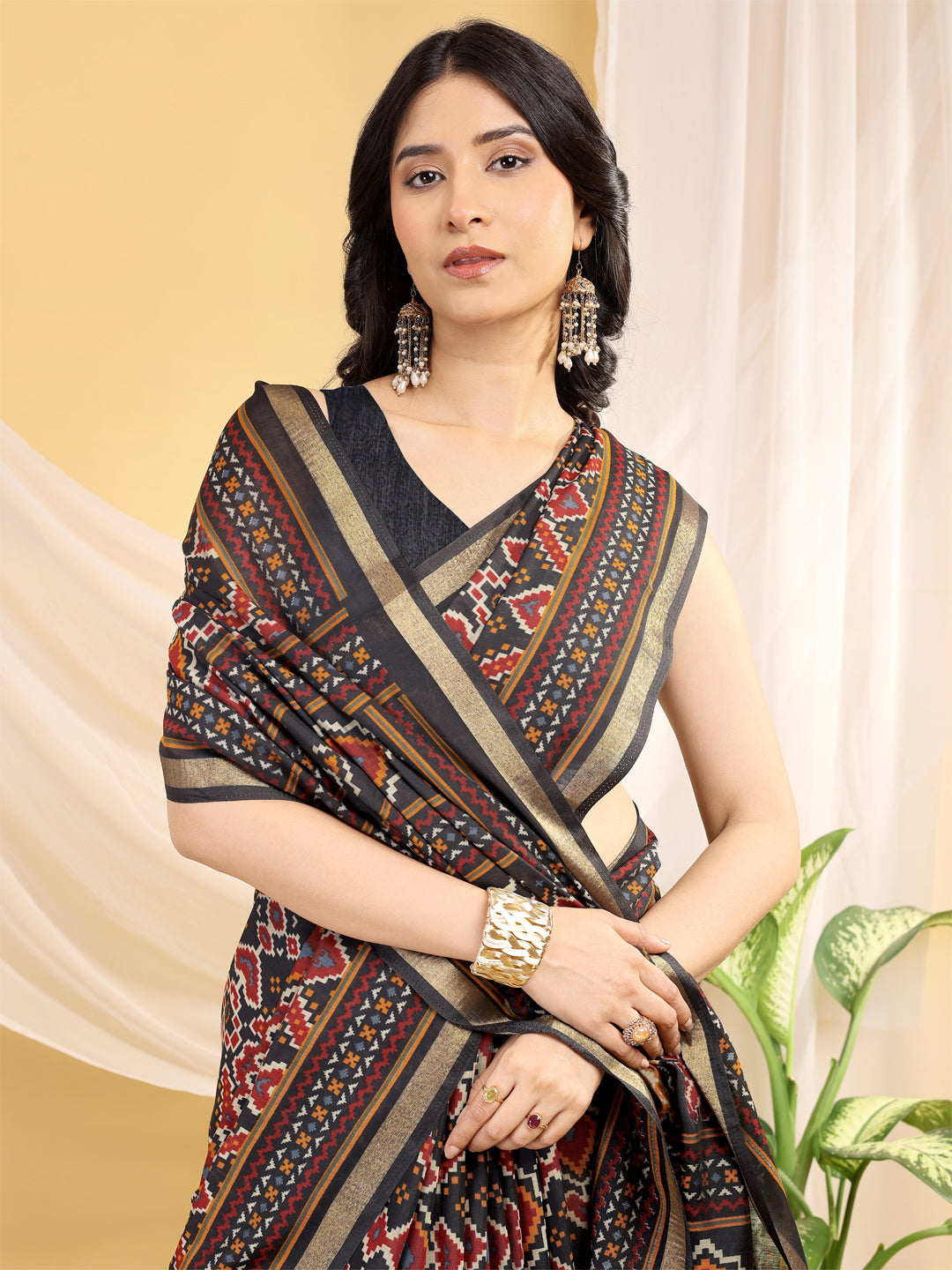 Chanderi Silk Ethnic Motif Olive Black Saree