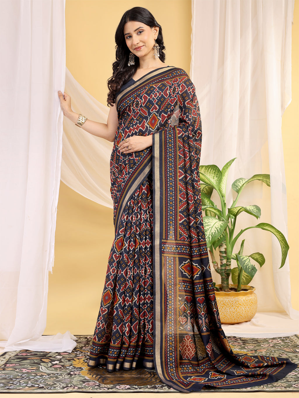Chanderi Silk Ethnic Motif Indigo Navy Saree