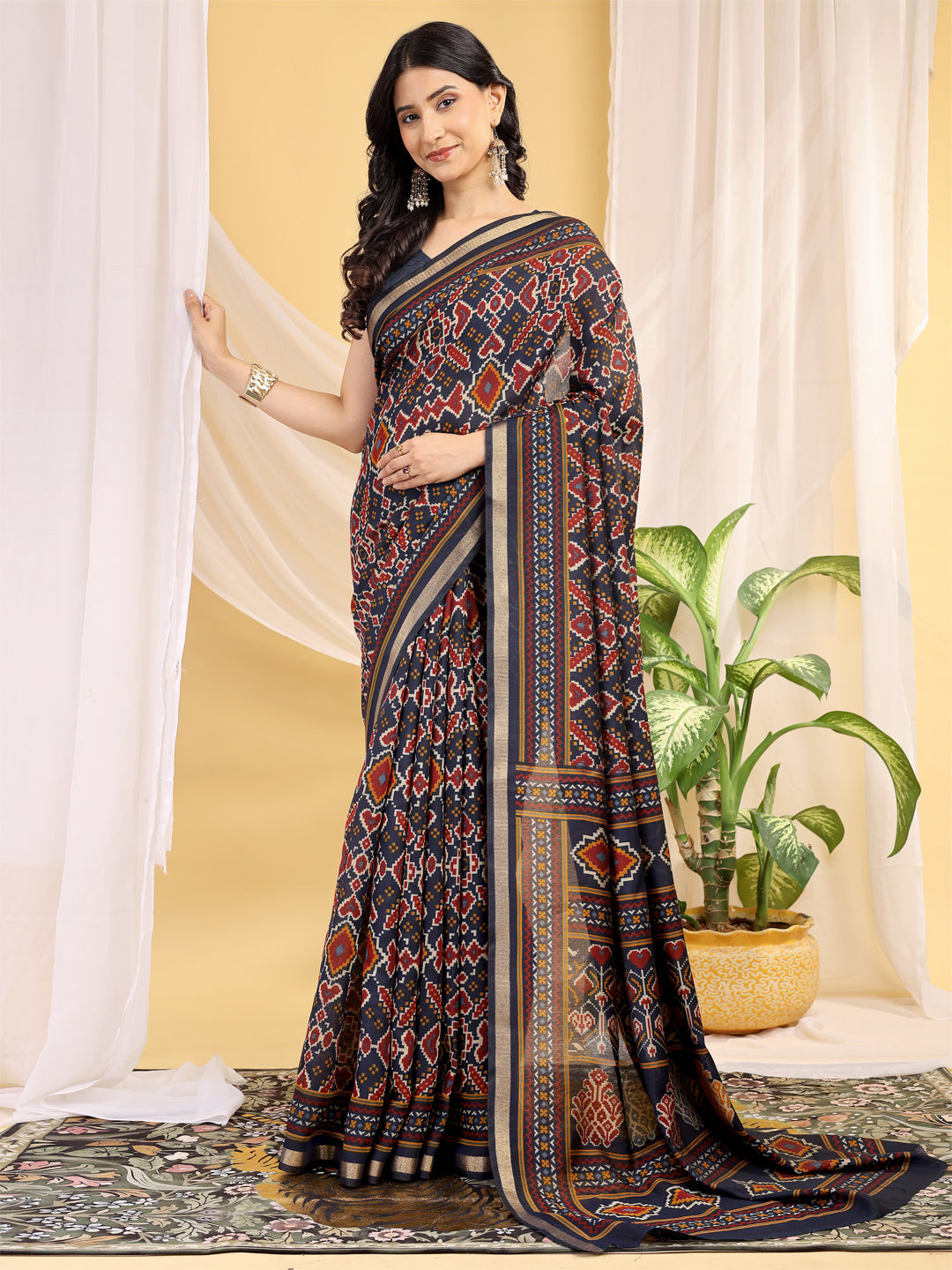Chanderi Silk Ethnic Motif Indigo Navy Saree