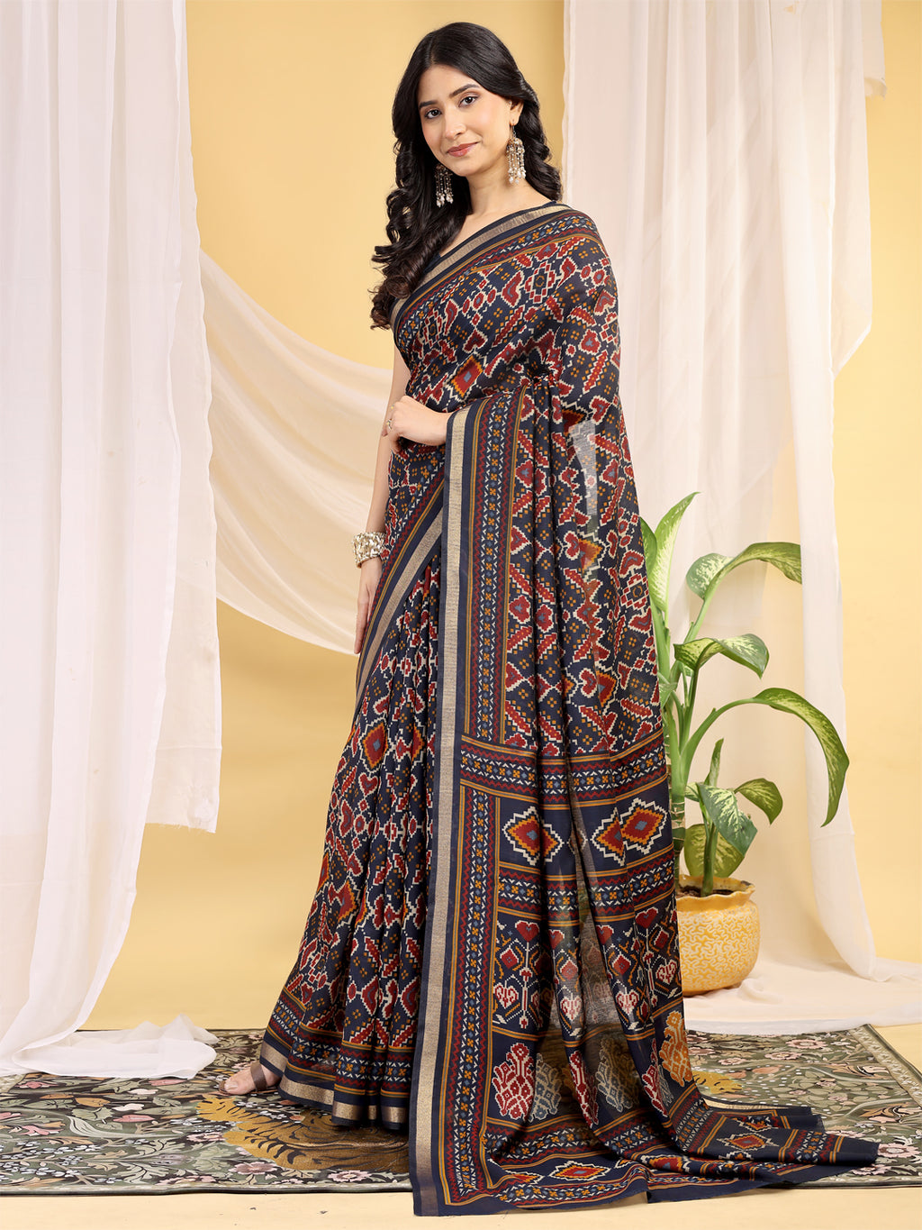 Chanderi Silk Ethnic Motif Indigo Navy Saree