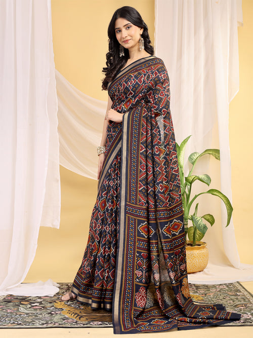 Chanderi Silk Ethnic Motif Indigo Navy Saree
