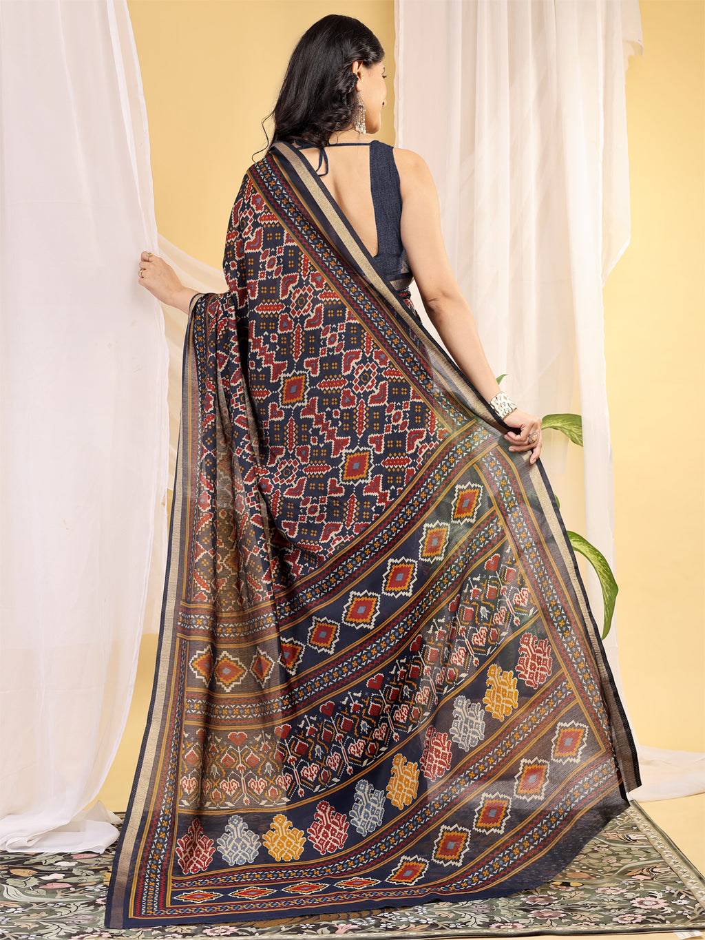 Chanderi Silk Ethnic Motif Indigo Navy Saree