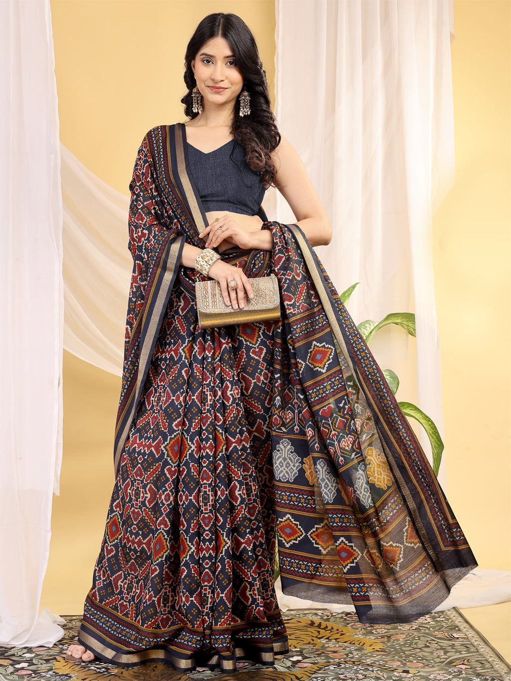 Chanderi Silk Ethnic Motif Indigo Navy Saree