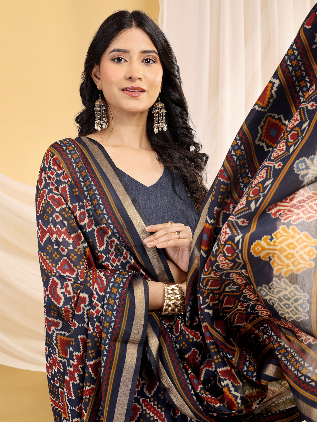 Chanderi Silk Ethnic Motif Indigo Navy Saree